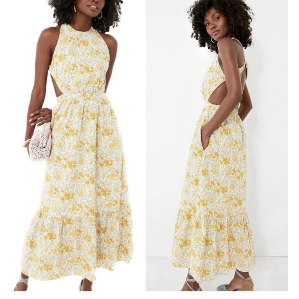 Hyacinth House Retro Yellow Floral Maggie Maxi Dress‎ Cutout Pockets Large